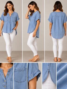 LOFT Blue Chambray Button Front Short Sleeve Blouse XS